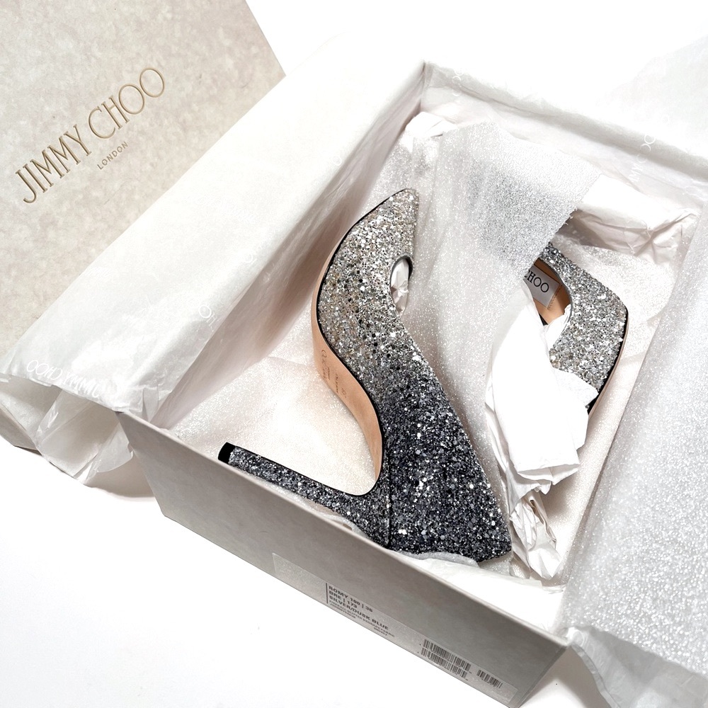 Jimmy Choo Romy 100 Silver Dusk BlueOmbre Glitter EU 36- - Picture 3 of 13